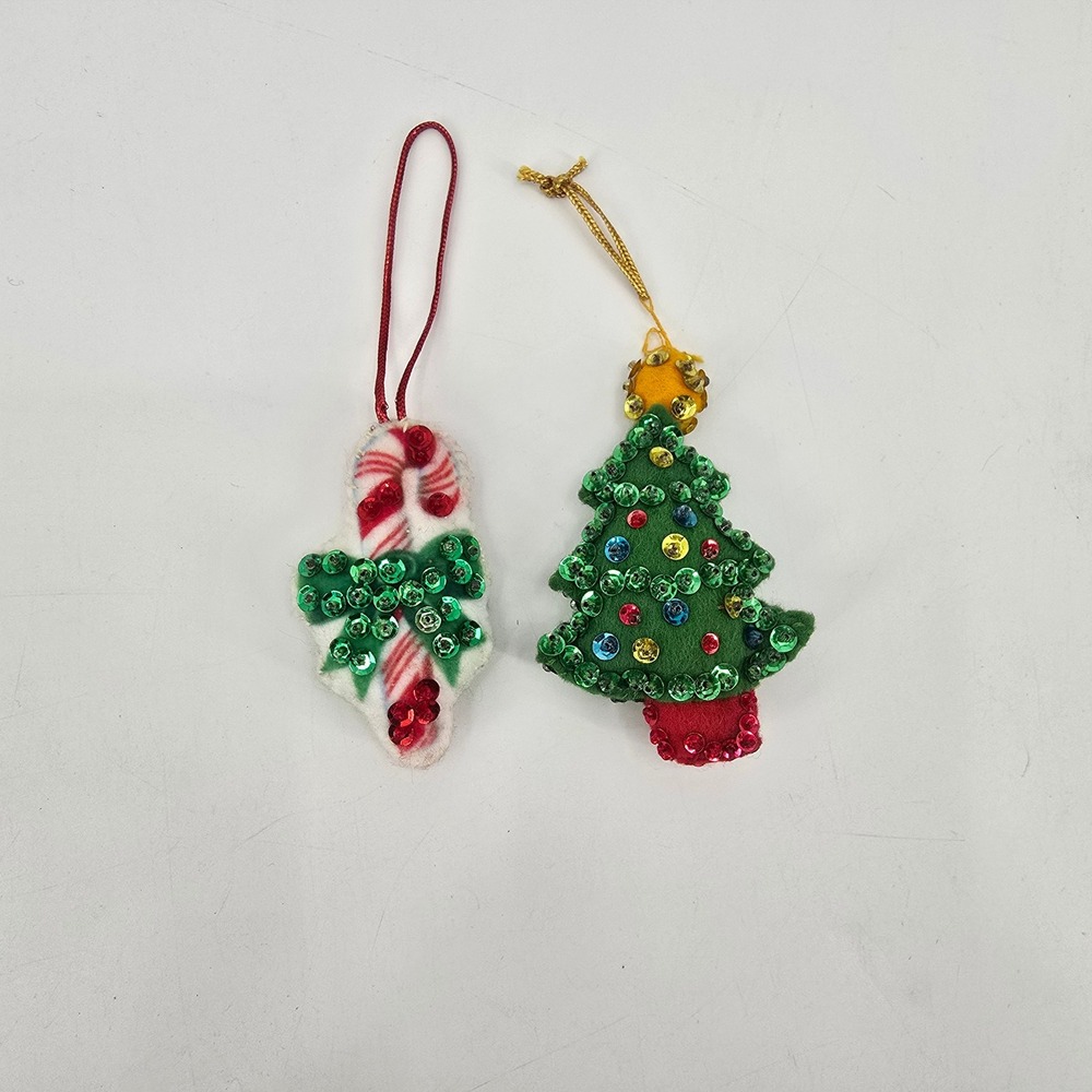 Vintage Handmade Felt Sequin Christmas Ornaments Set of 2 Tree Candy Cane Retro